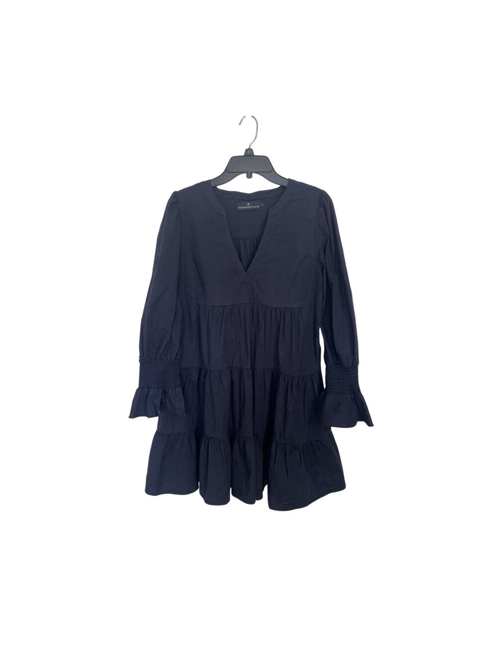 Pomander Place Tuckernuck Navy Crepe Kenzo Tiered Mini Dress XL Minimal Cotton